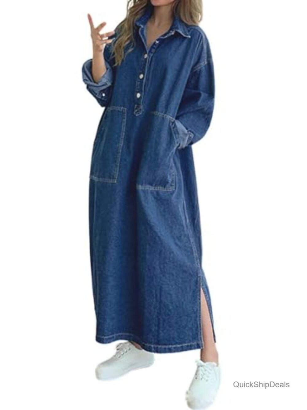 Maxi Denim Shirt Dress Long Sleeve Button Down Collared Split Loose Fit